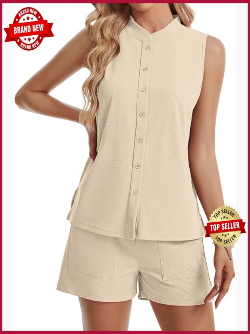 Waffle Knit Lounge Set - Sleeveless Button Up Tank Top & Drawstring Shorts with